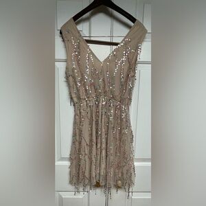 Southern Fried Chics Sequin Fringe Tassel Mini Dress Nude Multi Color Small